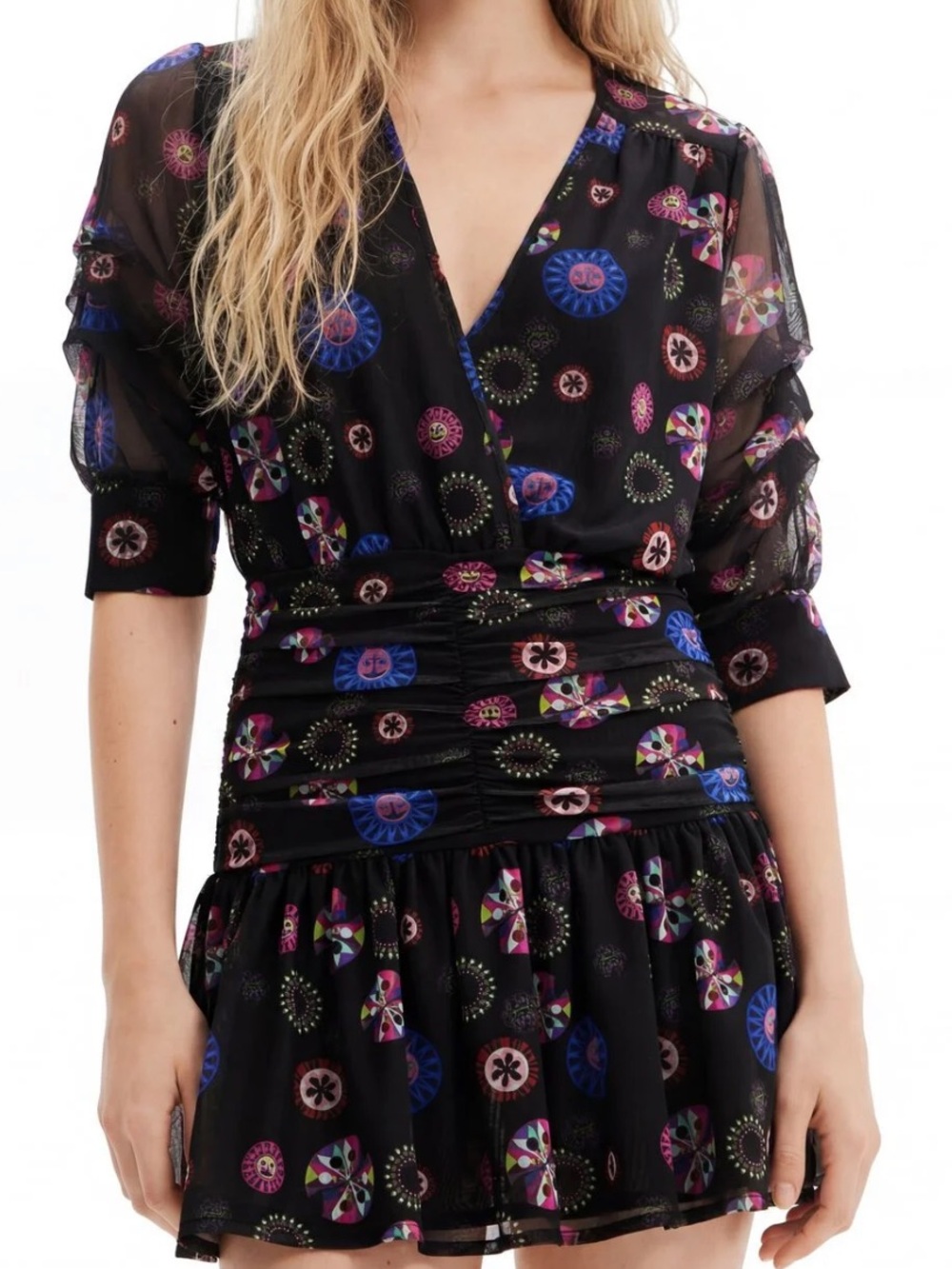 Desigual Black Mini Dress with Blue and Pink Medallion Print